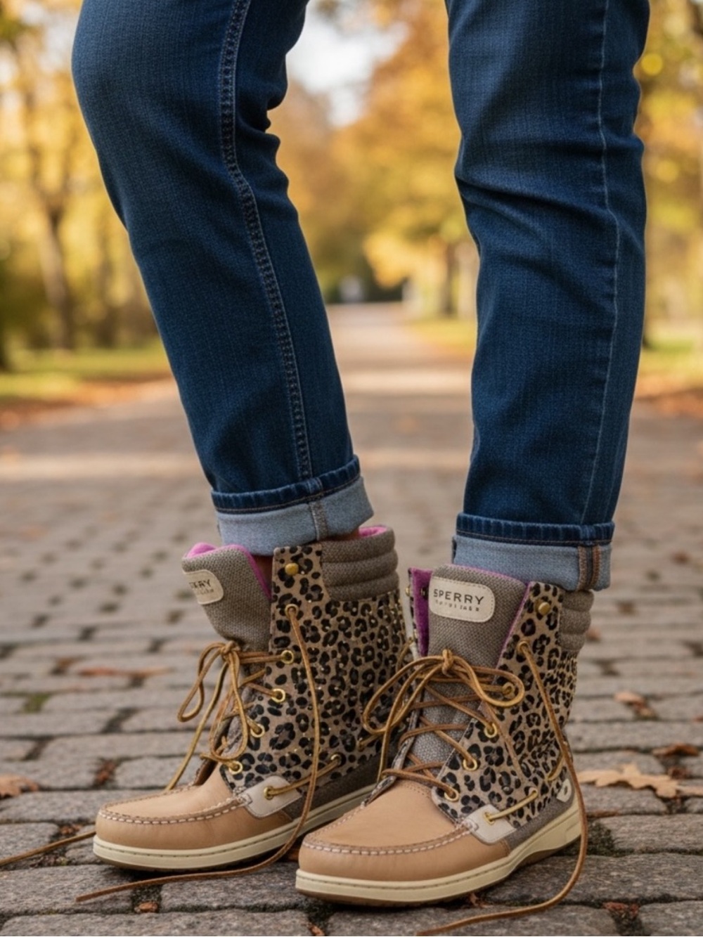 Sperry Leopard-Print Lace-Up Boots with Tan Leather and Pink Lining - Picture 1 of 5